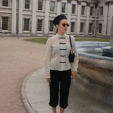 Load image into Gallery viewer, Women Trendy Sexy Striped Shirts Summer Female Chic Rope Buttons Sheer Shirts Lady High Street Elegant Long Sleeve Blouse Tops
