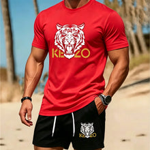 Load image into Gallery viewer, Men Summer Tiger Stripe 2 Piece Tracksuit Breathable Quick Dry Short Sleeve T Shirt Shorts Set Gym Running Sportswear
