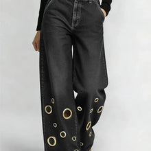 Load image into Gallery viewer, Women's High Waist Wide Leg Jeans with Gold Eyelets Vintage Baggy Denim Pants, Y2K Streetwear Hollow Out Trousers Ladies Jeans
