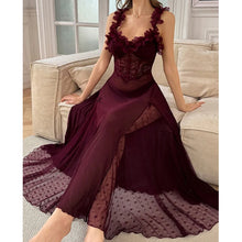 Load image into Gallery viewer, Night Dress Woman Suspenders Polka Dot Mesh Sleepwear Fairy Bow Long Dress Pajama Petal Nightwear V-Neck Backless Sexy Nightgown
