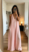 Load image into Gallery viewer, Women's White Halter Jumpsuit Deep V Neck Sleeveless Wide Leg Cuffed Hem Pocketed Boho Resort Casual Summer Y2K Chic Jumpsuit
