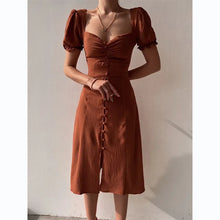 Load image into Gallery viewer, Elegant Dresses Women Summer Sexy Dress 2024 New V-Neck Single Breasted Short Puff Sleeves Solid High Waist Hem Split Midi Dress
