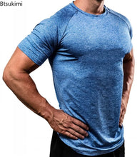 Load image into Gallery viewer, Summer Gym T-shirts Men's Solid Fitness Clothing O-neck Short Sleeve Tops Breathable Slim Bodybuilding Workout Muscle Tees Male
