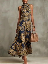 Load image into Gallery viewer, Elegant Party Evening 2026 Summer Long Dresses New Vintage Classic Pattern Flower Printed Lapel A-Line Dresses For Women
