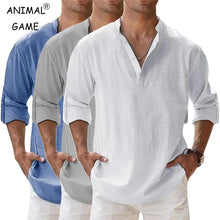 Load image into Gallery viewer, Streetwear Men Lightweight Shirts Long Sleeve Henley Cotton Linen Shirts for Men Beach Hawaiian Shirts Breathable Collar Tshirts

