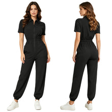 Load image into Gallery viewer, Womens Short Sleeve Scrubs Jumpsuit Front Zipper Elastic Waist Jogger Pants Rompers Nurse Doctor Workwear for Caring Nursing
