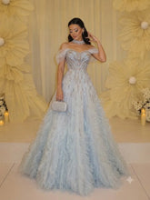 Load image into Gallery viewer, Elegant Women's Formal Evening Dresses 2026 Blue Off Shoulder Rhinestone Beaded Corset Bodice Tiered Tulle Party Dresses
