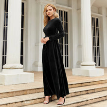 Load image into Gallery viewer, Women's Elegant A-Line Velvet Dress for Wedding Guest Prom Party Wedding Party, Long Sleeve Round Neck Belted Full Skirt
