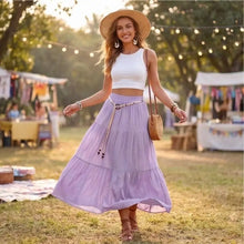 Load image into Gallery viewer, Skirts for Women Linen Maxi Skirt Pleated Long Flowy Elastic Skirt Tiered Beach A-Line Skirts 6XDA
