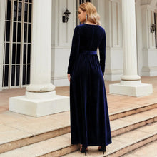 Load image into Gallery viewer, Women's Elegant A-Line Velvet Dress for Wedding Guest Prom Party Wedding Party, Long Sleeve Round Neck Belted Full Skirt
