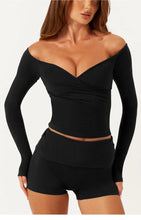 Load image into Gallery viewer, C-B Women's Yoga Set: Long-sleeved V-neck T-shirt &amp; High-waisted Cuffed Shorts &amp; Leggings, Suitable for Gym Workouts.
