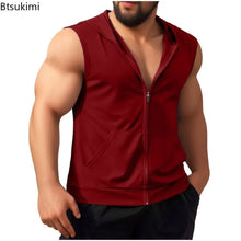 Load image into Gallery viewer, Summer New Men's Workout Hooded Tank Tops Zip-up Sleeveless Gym Bodybuilding Tees Muscle Tops Male Streetwear Casual Sweatshirts
