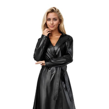 Load image into Gallery viewer, Fashion Turn Down Collar Pu Coat Work Street Wear Tight Waist Jacket Outerwear Women Mid Length Coats Faux Leather Jackets
