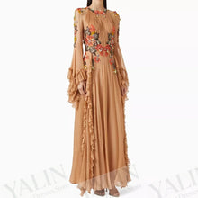 Load image into Gallery viewer, Women's A-line Evening Dresses Floor-length O-neck Full Sleeve Prom Dress Fashion Flowers Ruched Simple Draped Gowns Customized
