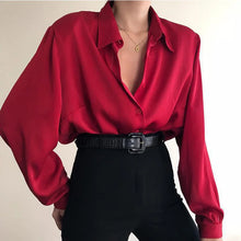 Load image into Gallery viewer, Women Button Blouses Turn Down Collar Shirts Office Lady Long Sleeve Casual Blouse Loose OL Shirt Baggy Tops Red/Wine Red /Black
