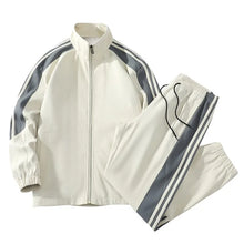 Load image into Gallery viewer, Men Fashion Tracksuit 2‑Piece Set, Stand Collar Zip‑Up Jacket &amp; Drawstring Pants, Striped Casual Sports Outfit For Autumn Winter
