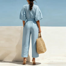 Load image into Gallery viewer, Summer Elegant Jumpsuit V Neck Lace Up High Waist Half Sleeve Long Pants Jumpsuits For Women Casual Loose Romper Playsuits
