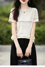 Load image into Gallery viewer, Women's T-shirts Summer New 100% Cotton Short Sleeve Casual Striped Knit Blouse Round Neck Tops Loose Pullover Tees
