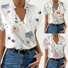 Load image into Gallery viewer, Shirts For Women 2023 Summer Loose V-neck Stand Collar Print Tops And Blouses Blusas Elegantes Finas Para Mujer Casual T Shirt

