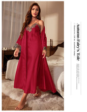 Load image into Gallery viewer, Female Long Twinset Robe Set Nightgown Spring Summer Kimono Bathrobe Gown Sexy Lace Trim Nightdress Satin Home Wear Loungewear
