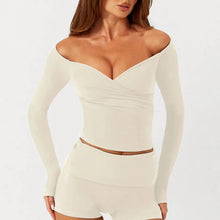 Load image into Gallery viewer, C-B Women's Yoga Set: Long-sleeved V-neck T-shirt &amp; High-waisted Cuffed Shorts &amp; Leggings, Suitable for Gym Workouts.
