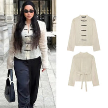 Load image into Gallery viewer, Women Trendy Sexy Striped Shirts Summer Female Chic Rope Buttons Sheer Shirts Lady High Street Elegant Long Sleeve Blouse Tops
