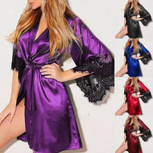 Load image into Gallery viewer, Women Night Gown Robe with G String Floral Lace Bathrobe Halt Sleeve Nightdress Female French Sexy Silky Satin Sleepwear
