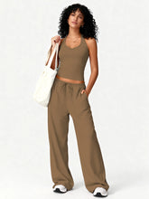 Load image into Gallery viewer, Women 2 Piece Yoga Outfit Ribbed Halter Crop Tank Top Drawstring Wide Leg Pants Set Casual Workout Gym Loungewear Tracksuit
