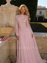 Load image into Gallery viewer, Elegant Floral Formal Evening Gown Muslim Kaftan Beaded Chiffon Long Sleeves Middle Eastern Henna Women’s Prom Dress Customized
