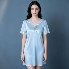 Load image into Gallery viewer, Elegant Women Satin Night Dress Lace V‑Neck Bow Knot Short Sleeve Sexy Sleepwear Ladies Home Loungewear Nightgown Sexy Lingiere
