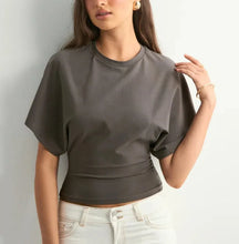 Load image into Gallery viewer, Women's T-shirts Crew Neck Ruched Waist Slim Fit Solid Color Casual Cropped Tee Summer Streetwear Basic Daily Wear Top
