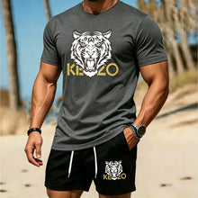 Load image into Gallery viewer, Men Summer Tiger Stripe 2 Piece Tracksuit Breathable Quick Dry Short Sleeve T Shirt Shorts Set Gym Running Sportswear
