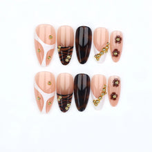 Load image into Gallery viewer, Medium fake nails for women Gradient nude brown blue flowers or rhinestones fall winter almond tips press on false nail art set
