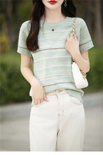 Load image into Gallery viewer, Women's T-shirts Summer New 100% Cotton Short Sleeve Casual Striped Knit Blouse Round Neck Tops Loose Pullover Tees
