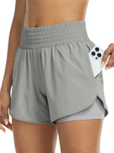 Load image into Gallery viewer, Women's high-waisted athletic shorts for running, yoga, layered design, anti-exposure, fitness, and workout with pockets
