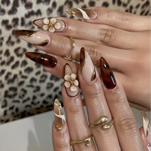 Load image into Gallery viewer, Medium fake nails for women Gradient nude brown blue flowers or rhinestones fall winter almond tips press on false nail art set
