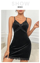 Load image into Gallery viewer, Women's Velvet Nightdress Sexy Deep V Nightgown Female Lace Patchwork Suspender Skirt Backless Adjustable shoulder strap Dress
