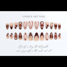 Load image into Gallery viewer, Medium fake nails for women Gradient nude brown blue flowers or rhinestones fall winter almond tips press on false nail art set
