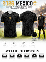 Load image into Gallery viewer, Men's Mexico inspired football polo. Classic black &amp; gold design, lightweight top for sports and daily casual wear
