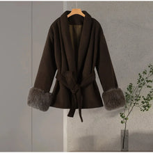 Load image into Gallery viewer, Elegant Women's Lace Up Woolen Coats Solid Full Sleeve Turn-down Collar Loose Lady Coats 2025 Autumn Winter Female Streetwear
