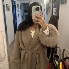 Load image into Gallery viewer, Elegant Women's Lace Up Woolen Coats Solid Full Sleeve Turn-down Collar Loose Lady Coats 2025 Autumn Winter Female Streetwear

