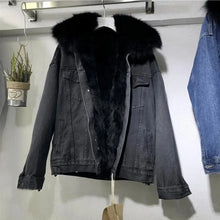 Load image into Gallery viewer, Winter Warm Coats Big Fur Collar Denim Jacket Women Basic Coat Female Cold Motorcycle Outerwear Fleece Thick Padded Overcoat
