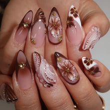 Load image into Gallery viewer, Medium fake nails for women Gradient nude brown blue flowers or rhinestones fall winter almond tips press on false nail art set
