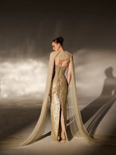 Load image into Gallery viewer, Golden Beaded Evening Dress With Cape Sleeve Glamorous Strapless Long Wedding Party Gown Customized Elegant Red Carpet Gowns
