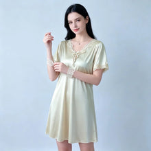 Load image into Gallery viewer, Elegant Women Satin Night Dress Lace V‑Neck Bow Knot Short Sleeve Sexy Sleepwear Ladies Home Loungewear Nightgown Sexy Lingiere
