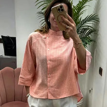 Load image into Gallery viewer, Women's Pink Striped Shirts Summer Asymmetric Button Mid Sleeve Loose Fit Shirts Casual Office Look Vintage Elegant Female Tops
