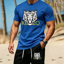 Load image into Gallery viewer, Men Summer Tiger Stripe 2 Piece Tracksuit Breathable Quick Dry Short Sleeve T Shirt Shorts Set Gym Running Sportswear
