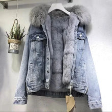 Load image into Gallery viewer, Winter Warm Coats Big Fur Collar Denim Jacket Women Basic Coat Female Cold Motorcycle Outerwear Fleece Thick Padded Overcoat
