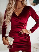 Load image into Gallery viewer, European Elegant Evening Party Dress for Woman Clothing Fashion V Neck Long Sleeved Velvet Casual Mini  Sheath Dresses
