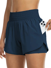 Load image into Gallery viewer, Women's high-waisted athletic shorts for running, yoga, layered design, anti-exposure, fitness, and workout with pockets
